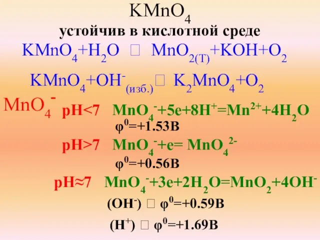 KMnO4 устойчив в кислотной среде KMnO4+H2O ⭢ MnO2(T)+KOH+O2 KMnO4+OH-(изб.)⭢ K2MnO4+O2 MnO4- pH