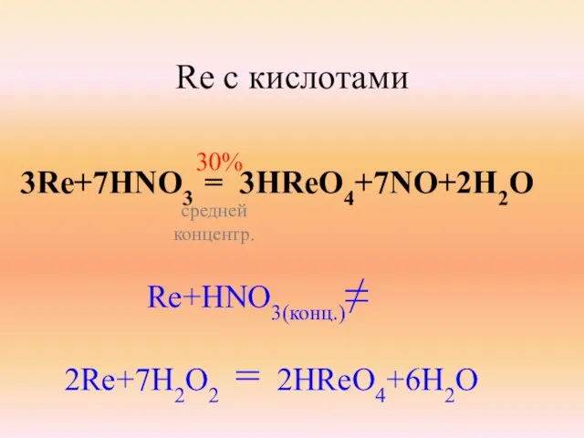 Re с кислотами 3Re+7HNO3 = 3HReO4+7NO+2H2O средней концентр. 30% Re+HNO3(конц.)≠ 2Re+7H2O2 = 2HReO4+6H2O