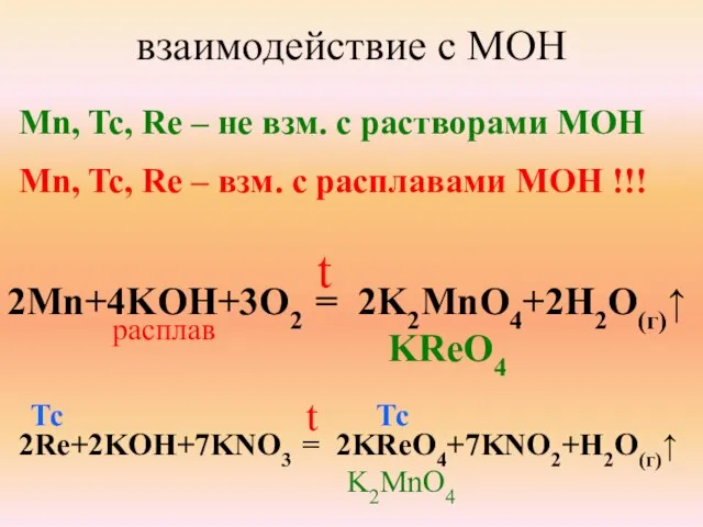 взаимодействие с MOH Mn, Tc, Re – не взм. с растворами МОН