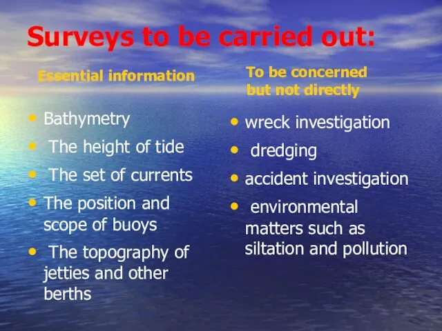 Surveys to be carried out: Bathymetry The height of tide The set