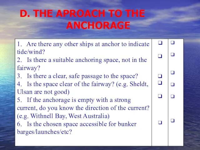 D. THE APROACH TO THE ANCHORAGE