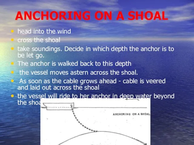 ANCHORING ON A SHOAL head into the wind cross the shoal take