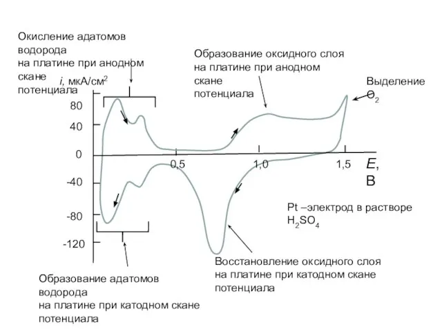 Образование оксидного слоя на платине при анодном скане потенциала Выделение О2 Восстановление