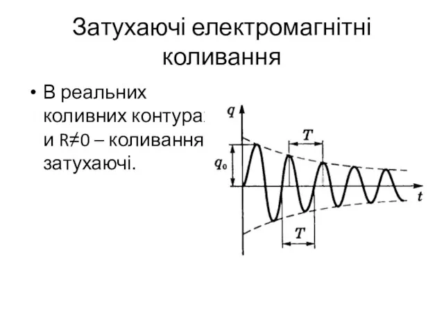 Затухаючі електромагнітні коливання В реальних коливних контурах и R≠0 – коливання затухаючі.