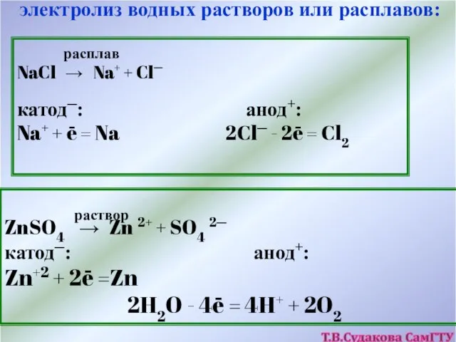 электролиз водных растворов или расплавов: NaCl → Na+ + Cl─ катод─: анод+: