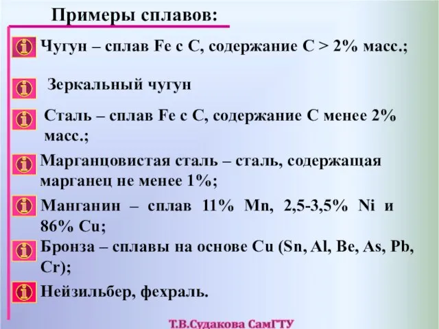 Манганин – сплав 11% Mn, 2,5-3,5% Ni и 86% Cu; Примеры сплавов: