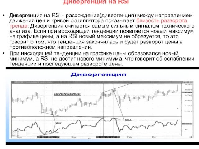 Дивергенция на RSI Дивергенция на RSI - расхождение(дивергенция) между направлением движения цен