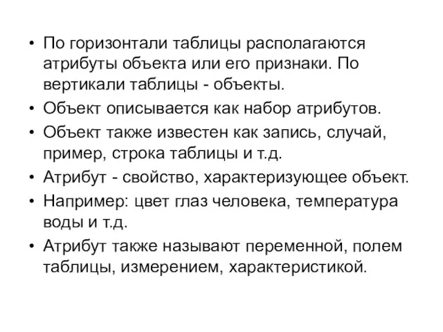 По горизонтали таблицы располагаются атрибуты объекта или его признаки. По вертикали таблицы