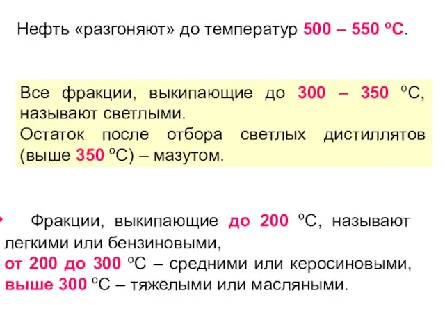 Все фракции, выкипающие до 300 – 350 оС, называют светлыми. Остаток после