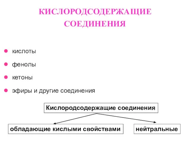 кислоты фенолы кетоны эфиры и другие соединения Кислородсодержащие соединения обладающие кислыми свойствами нейтральные КИСЛОРОДСОДЕРЖАЩИЕ СОЕДИНЕНИЯ