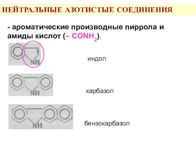 НЕЙТРАЛЬНЫЕ АЗОТИСТЫЕ СОЕДИНЕНИЯ - ароматические производные пиррола и амиды кислот (– СОNH2). индол карбазол бензокарбазол