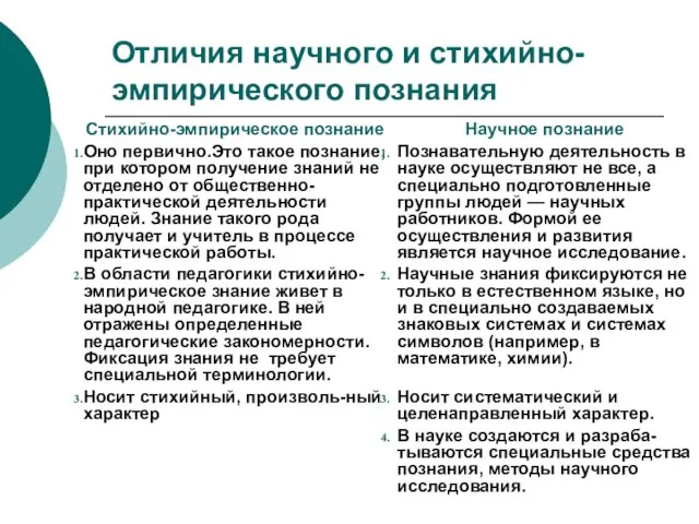 Отличия научного и стихийно-эмпирического познания Стихийно-эмпирическое познание Оно первично.Это такое познание, при