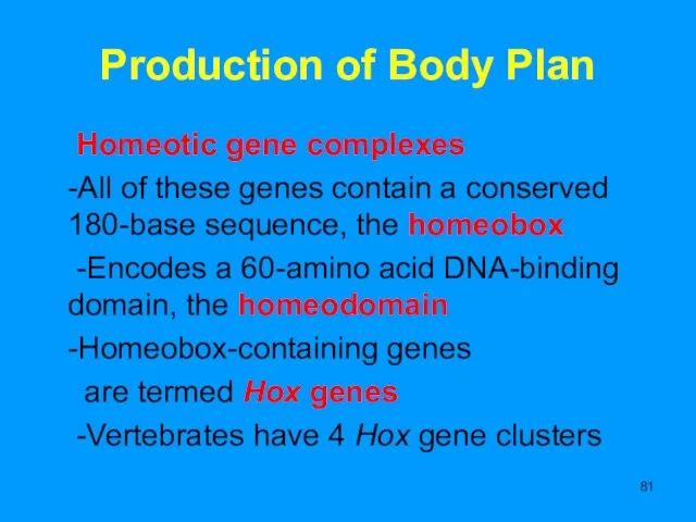 Production of Body Plan Homeotic gene complexes -All of these genes contain