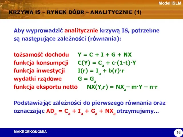 Model ISLM KRZYWA IS – RYNEK DÓBR – ANALITYCZNIE (1) Aby wyprowadzić