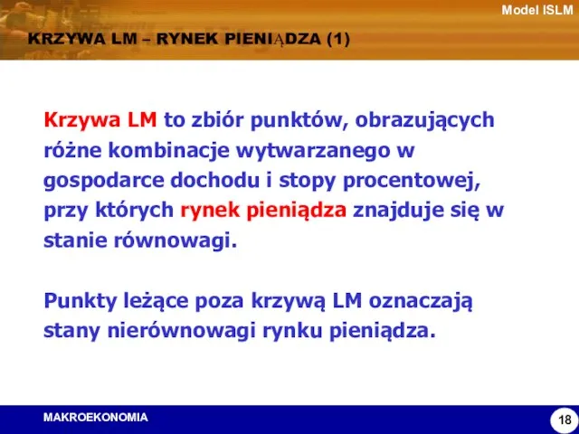 Model ISLM KRZYWA LM – RYNEK PIENIĄDZA (1) Krzywa LM to zbiór