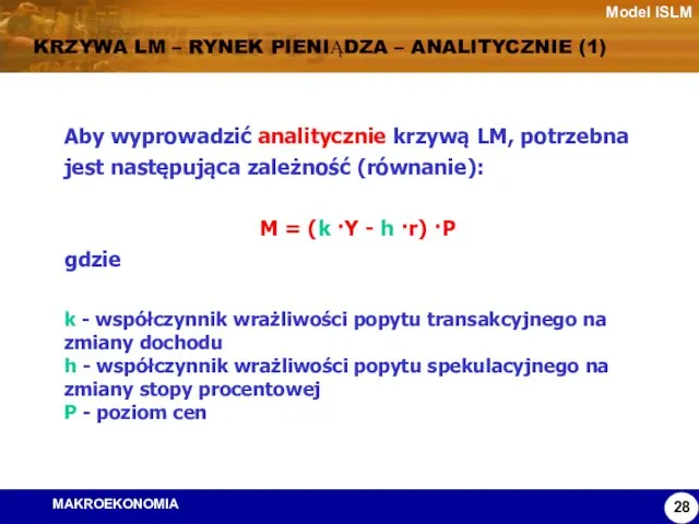 Model ISLM KRZYWA LM – RYNEK PIENIĄDZA – ANALITYCZNIE (1) Aby wyprowadzić