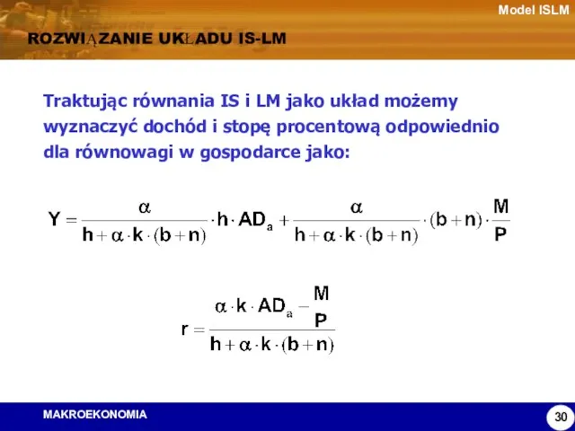 Model ISLM ROZWIĄZANIE UKŁADU IS-LM Traktując równania IS i LM jako układ