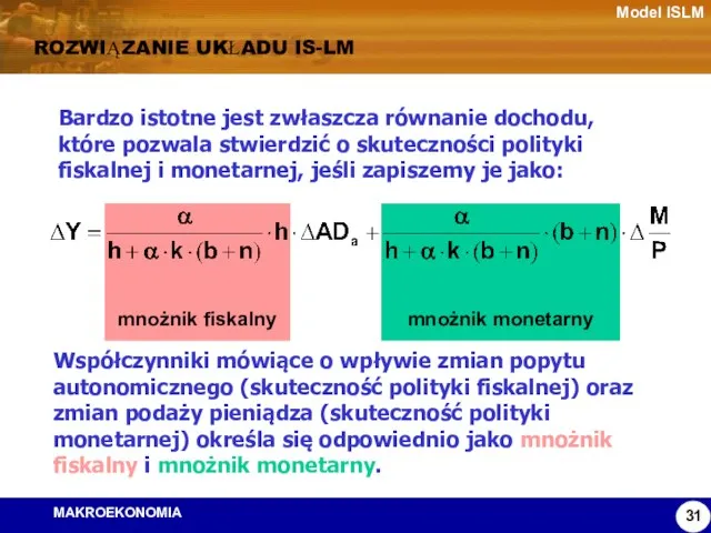 mnożnik monetarny mnożnik fiskalny Model ISLM ROZWIĄZANIE UKŁADU IS-LM Bardzo istotne jest