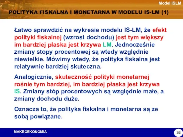 Model ISLM POLITYKA FISKALNA I MONETARNA W MODELU IS-LM (1) Łatwo sprawdzić