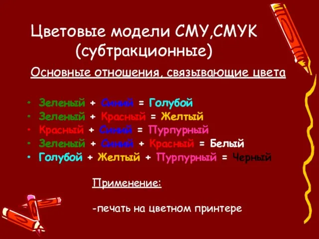 Цветовые модели CMY,CMYK (субтракционные) Основные отношения, связывающие цвета Зеленый + Синий =