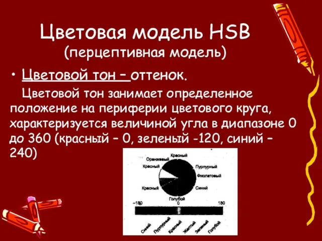 Цветовая модель HSB (перцептивная модель) Цветовой тон – оттенок. Цветовой тон занимает