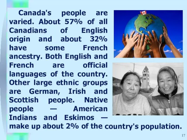 Canada's people are varied. About 57% of all Canadians of English origin