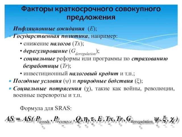 Инфляционные ожидания (E); Государственная политика, например: • снижение налогов (Tx); • дерегулирование