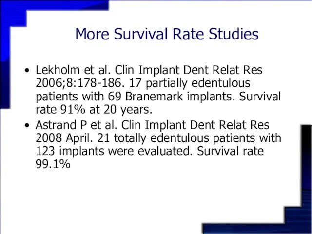 More Survival Rate Studies Lekholm et al. Clin Implant Dent Relat Res