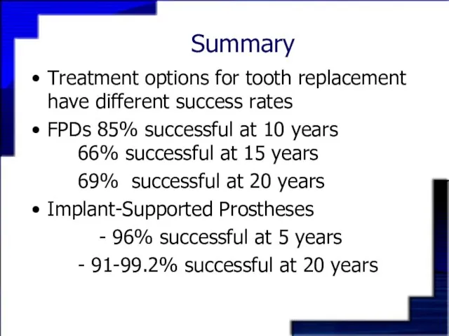 Summary Treatment options for tooth replacement have different success rates FPDs 85%