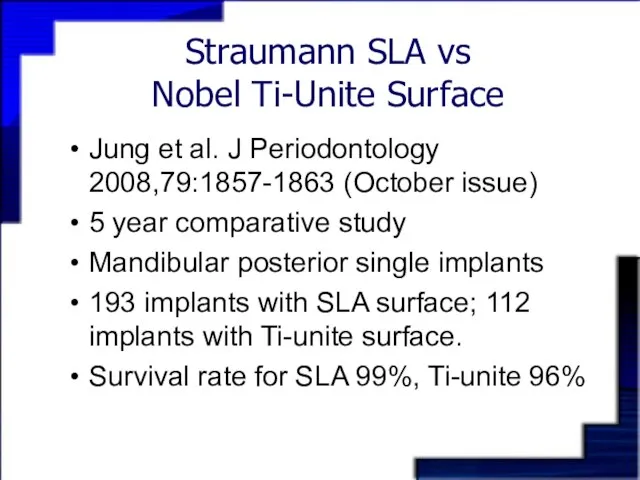 Straumann SLA vs Nobel Ti-Unite Surface Jung et al. J Periodontology 2008,79:1857-1863