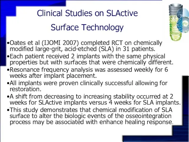 Clinical Studies on SLActive Surface Technology Oates et al (IJOMI 2007) completed