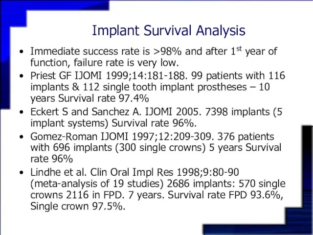 Implant Survival Analysis Immediate success rate is >98% and after 1st year