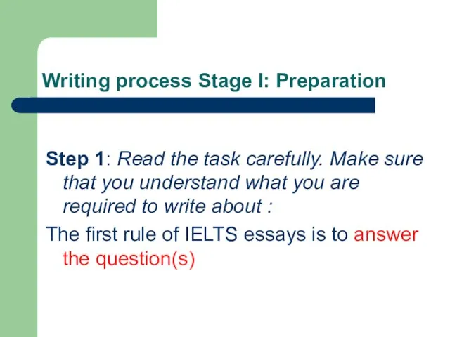 Writing process Stage I: Preparation Step 1: Read the task carefully. Make