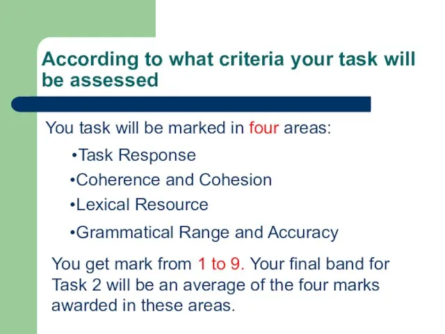 According to what criteria your task will be assessed You task will