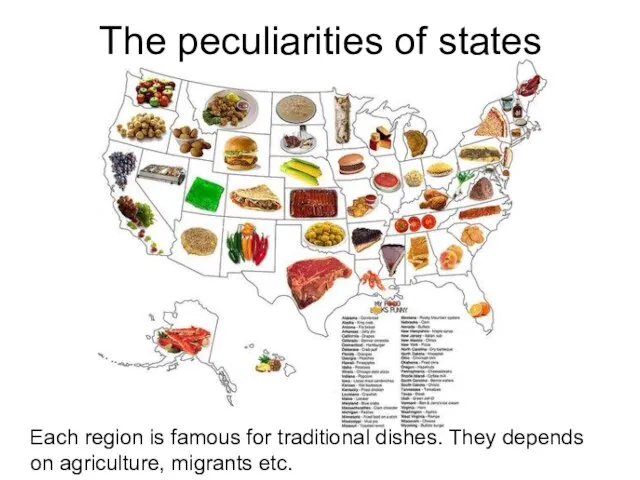 The peculiarities of states Each region is famous for traditional dishes. They