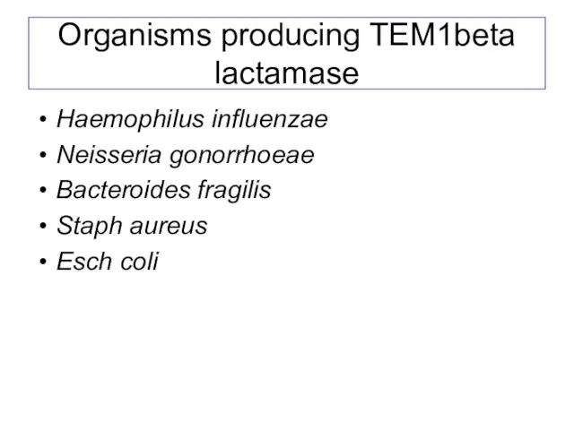 Organisms producing TEM1beta lactamase Haemophilus influenzae Neisseria gonorrhoeae Bacteroides fragilis Staph aureus Esch coli