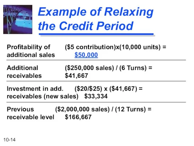 Example of Relaxing the Credit Period Profitability of ($5 contribution)x(10,000 units) =