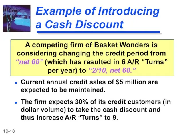 Example of Introducing a Cash Discount A competing firm of Basket Wonders