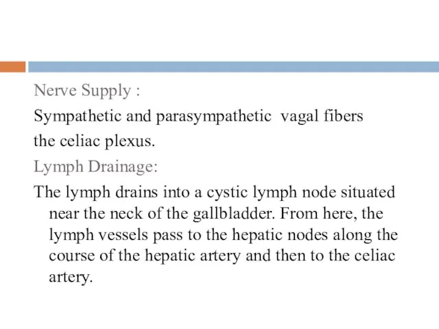 Nerve Supply : Sympathetic and parasympathetic vagal fibers the celiac plexus. Lymph