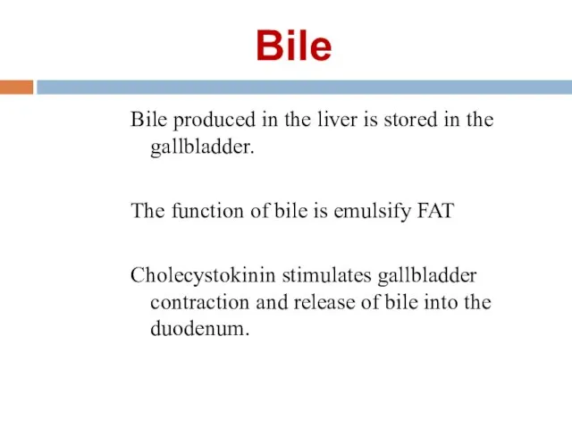 Bile Bile produced in the liver is stored in the gallbladder. The