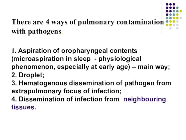 There are 4 ways of pulmonary contamination with pathogens: 1. Aspiration of