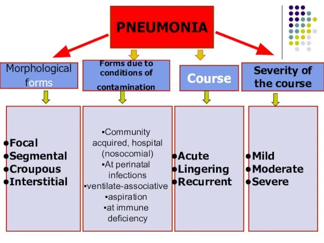 PNEUMONIA Morphological forms Forms due to conditions of contamination Course Severity of