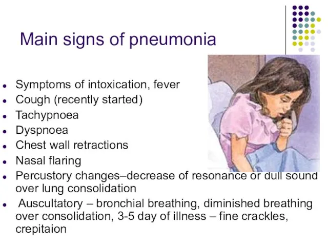 Main signs of pneumonia Symptoms of intoxication, fever Cough (recently started) Tachypnoea