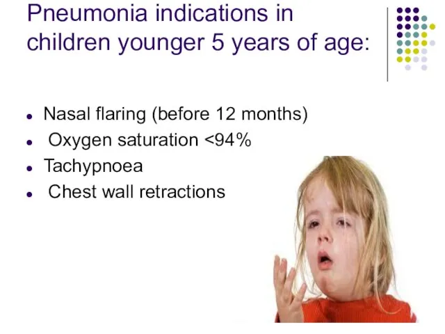 Pneumonia indications in children younger 5 years of age: Nasal flaring (before