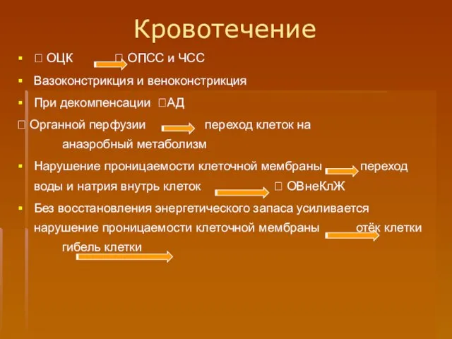 Кровотечение ? ОЦК ? ОПСС и ЧСС Вазоконстрикция и веноконстрикция При декомпенсации