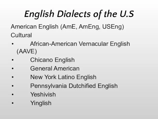 English Dialects of the U.S American English (AmE, AmEng, USEng) Cultural African-American