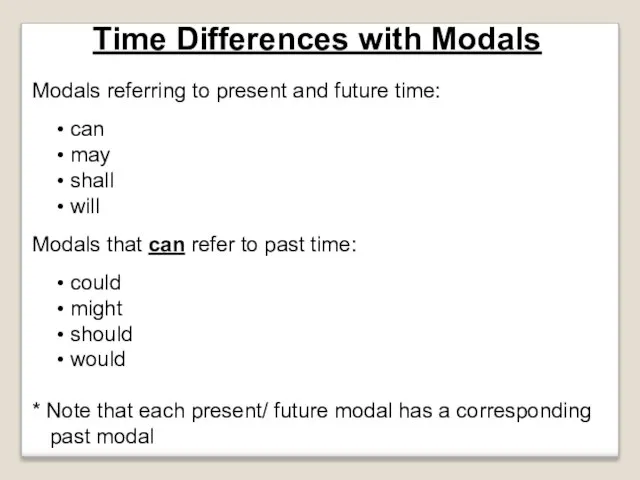 Time Differences with Modals Modals referring to present and future time: can