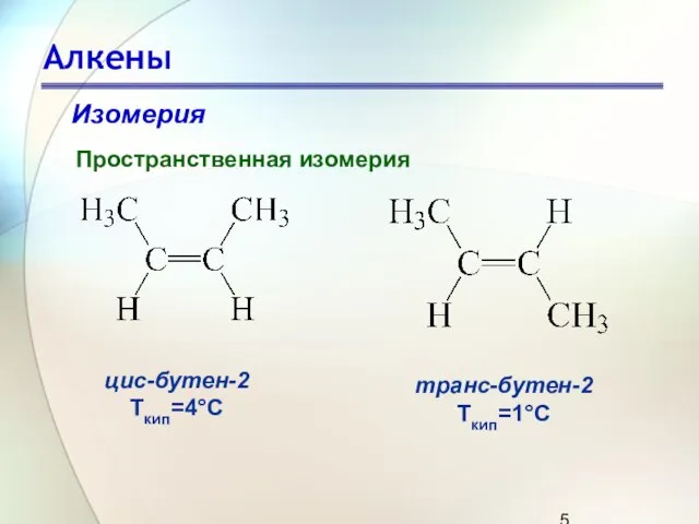 Алкены Изомерия Пространственная изомерия цис-бутен-2 Ткип=4°С транс-бутен-2 Ткип=1°С