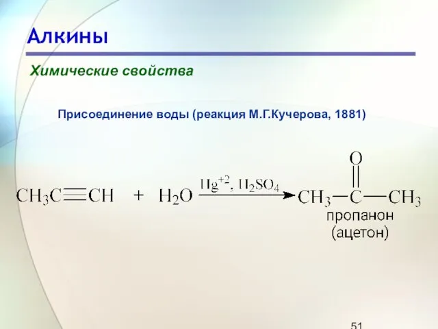 Алкины Химические свойства Присоединение воды (реакция М.Г.Кучерова, 1881)