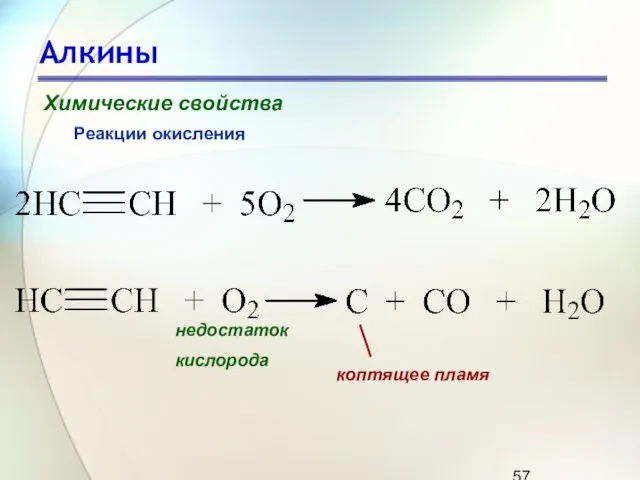 Алкины Химические свойства Реакции окисления коптящее пламя недостаток кислорода